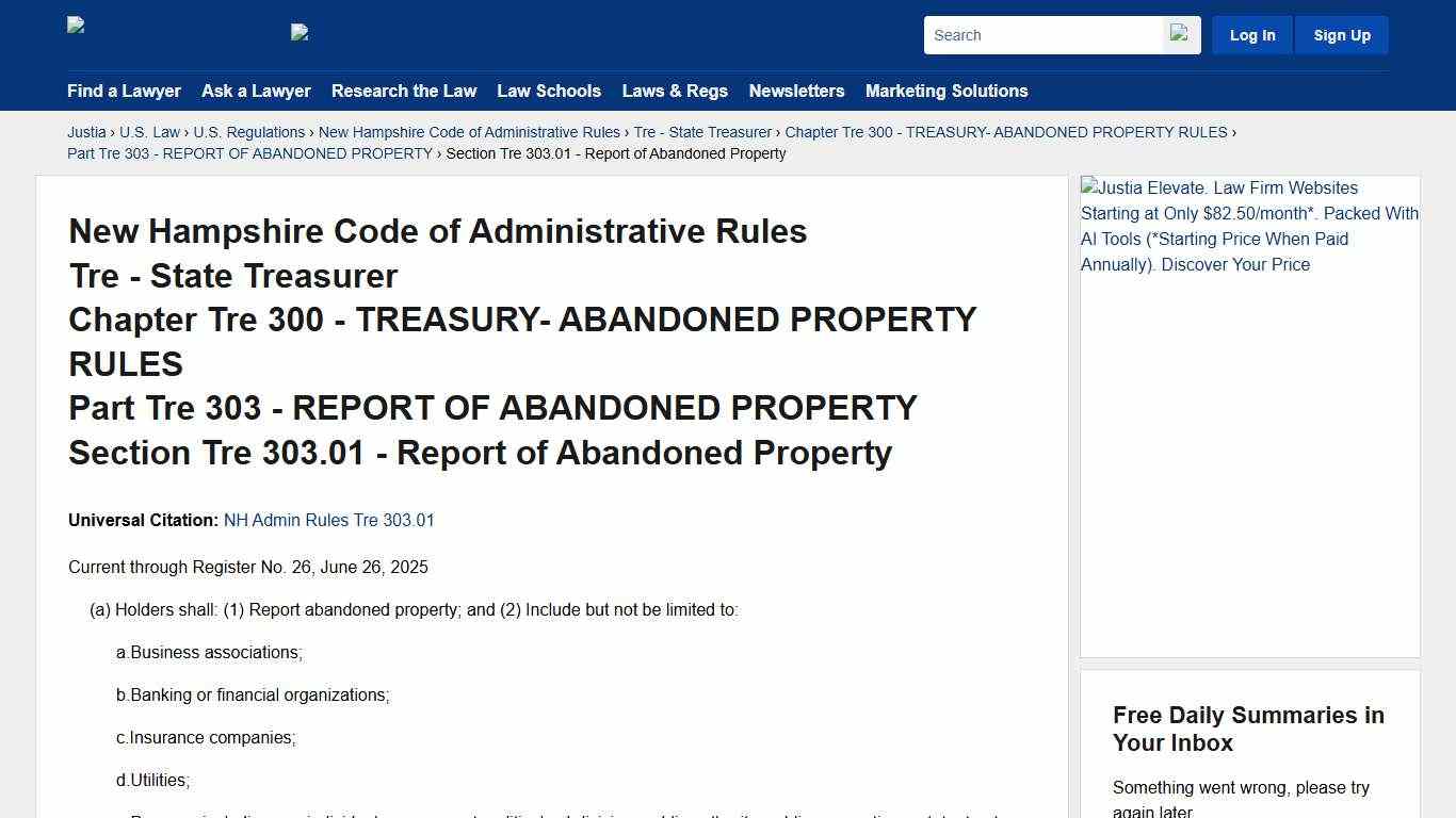 New Hampshire Code of Administrative Rules, Part Tre 303, Section Tre 303.01 - Report of Abandoned Property New Hampshire Code of Administrative Rules Justia